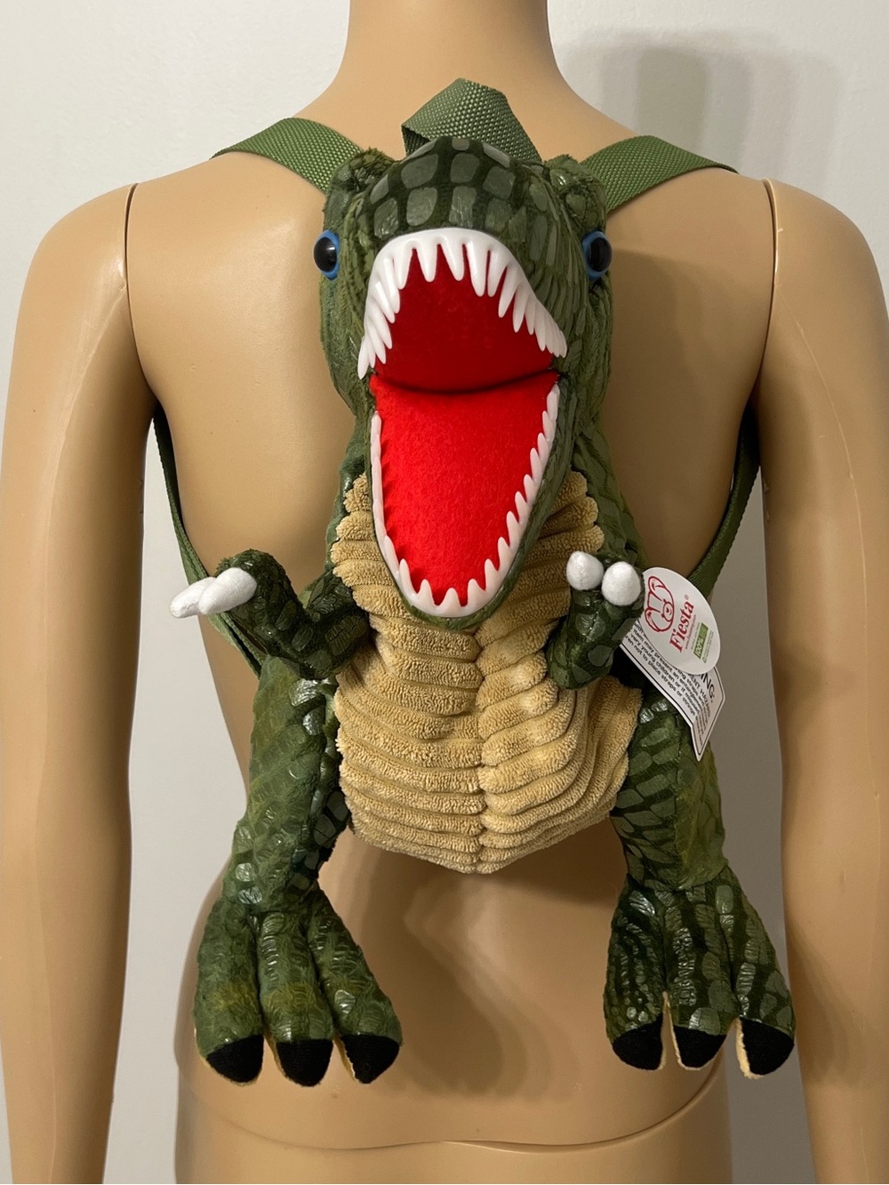 Fiesta Toys Kids Tyrannosaurus Rex Dinosaur Green Plush Zip Backpack 14” New